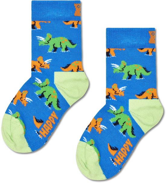 Happy Socks blauwe kindersokken met groene en oranje dinosaurussen.