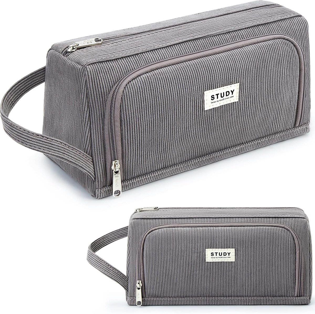 SnelShoppen - KALIDI Pennenetui Extra Groot met 2 Vakken - Esthetisch Etui voor School - Corduroy Donkergrijs - Geschikt voor Meisjes en Jongens - Mul