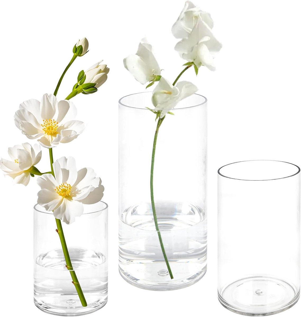 SnelShoppen - 3-delige onbreekbare mini-bloemenvaas van transparant acryl | Kleine cilindervaas voor bloemstukken, decoratie en bruiloftsmiddelstukken