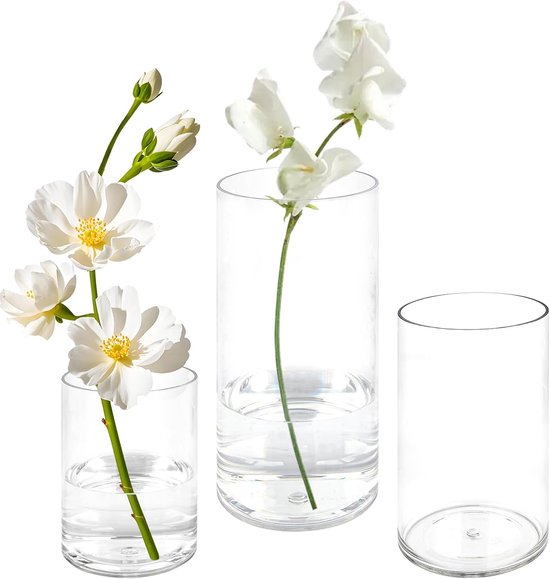 SnelShoppen - 3-delige onbreekbare mini-bloemenvaas van transparant acryl | Kleine cilindervaas voor bloemstukken, decoratie en bruiloftsmiddelstukken
