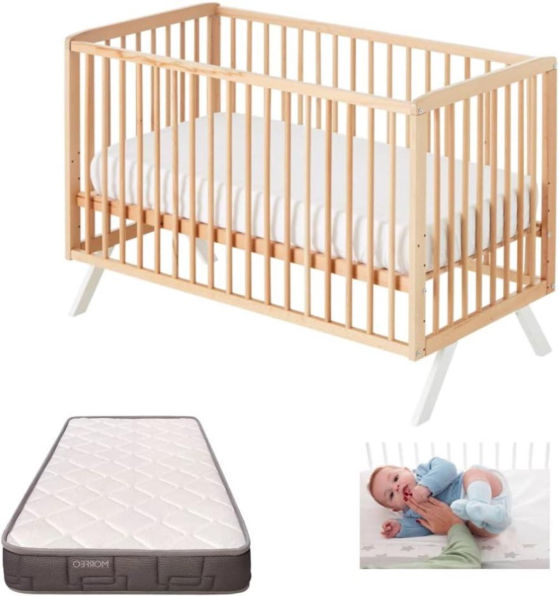 Babybed Koala - Bijzetbed peuterbed - Veilig slapen - Groei-aanpasbaar ontwerp - 124x65x85 cm - Houtkleur