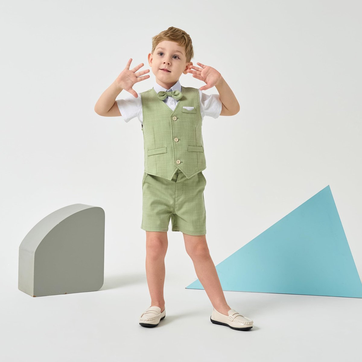 SnelShoppen - Volunboy Babypak voor jongens, 4-delige set, lichtgroen, zomers vest hemd met vlinderdas + shorts voor bruiloften en feestelijke gelegen