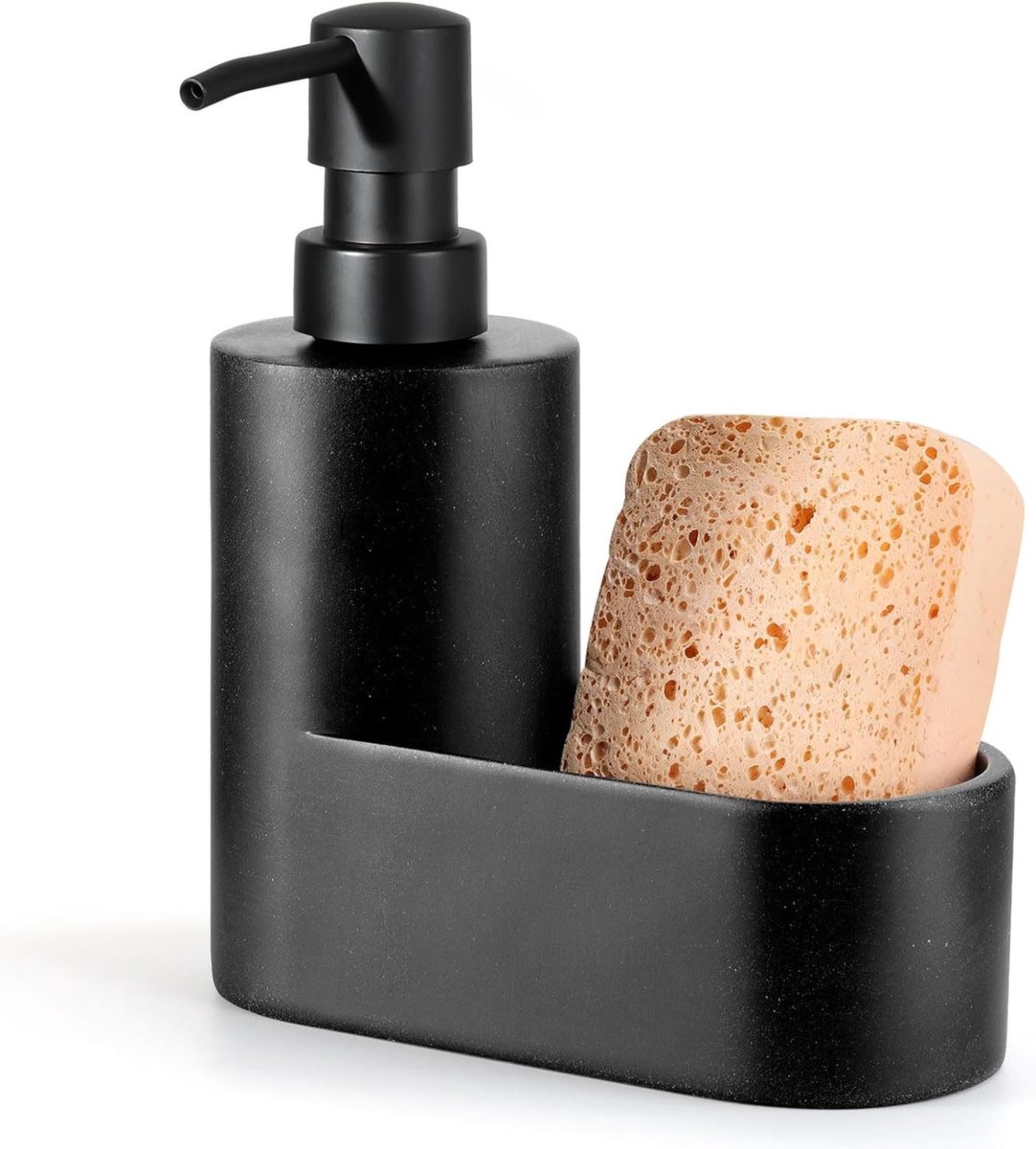 Navulbare vaatzeepdispenser met sponshouder, 2-in-1 zeepdispenser voor keuken en badkamer, modern design in kiezelig zwart
