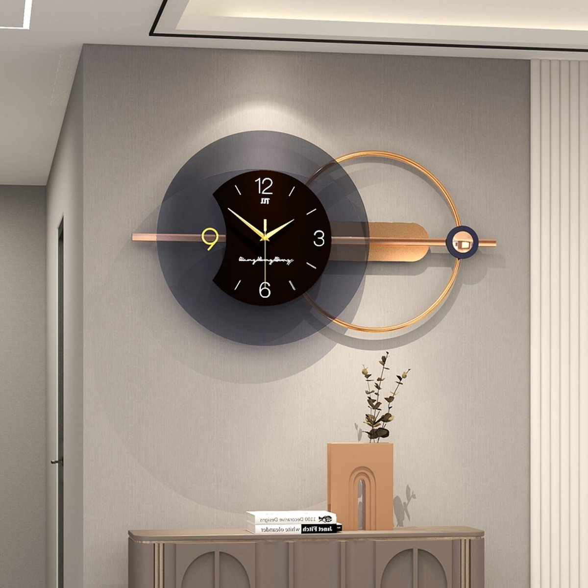 SnelShoppen - Grote wandklok zwart goud stil niet-tikkend 80 cm x 30 cm - Vintage modern design voor woonkamer slaapkamer keuken decoratief