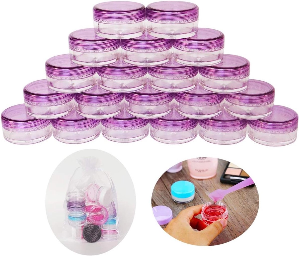 Lege plastic potjes 5g met paarse schroefdop - 20 stuks voor cosmetica, make-up en sieraden