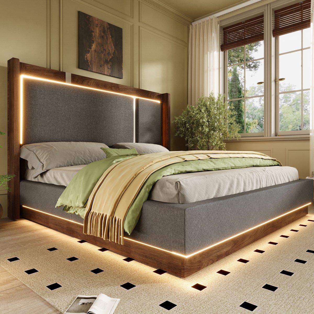 COVREO Bed 160x200 cm grijs, stof en hout met led opbergruimte
