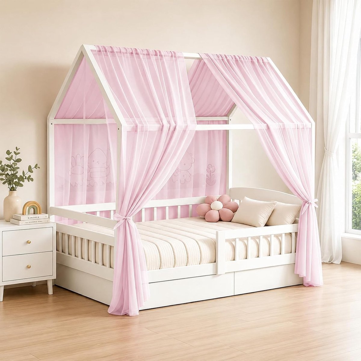 Huisbed hemel met 2 stuks luchtdoorlatend bedgordijn voor kinderkamer, decoratie, baldakijn 350 x 150 cm