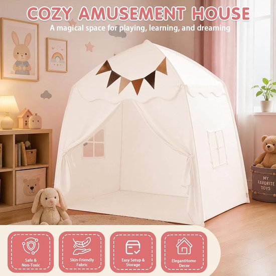 Opvouwbare tipi koepeltent, speelhuis voor kinderen, ideaal voor binnen en buiten, 150 x 100 x 150 cm, crème kleur — afbeelding 3