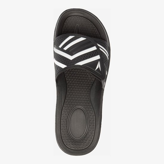 Tong noire Dutchy avec fermeture velcro et rayures blanches, dessus.