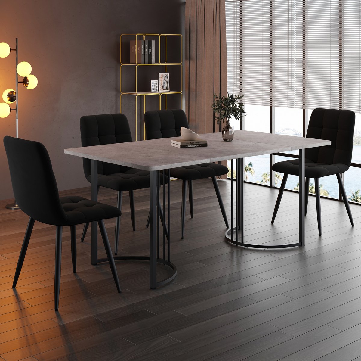 COVREO Eettafelset 140x80 cm grijs en zwart, MDF en metaal 4 stoelen