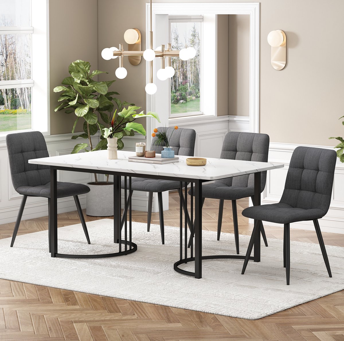 COVREO Set tafel en stoelen 140x80 cm wit, MDF met 4 stoelen en metaal