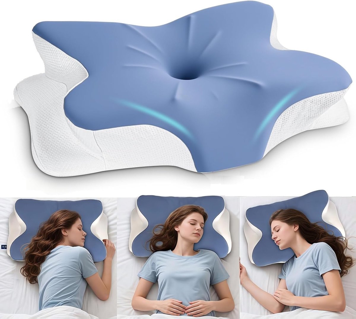 kussen, orthopedisch kussen, ergonomisch nekkussen, baarmoederhalskussen voor nek en schouders, pijnverlichting, voor zijslaap, maag, slapen en rug slapen (blauw)