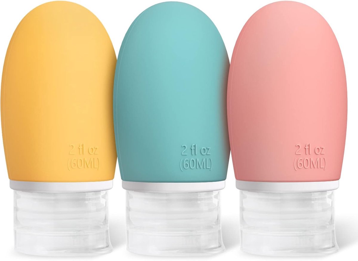Set van 3 siliconen reisflessen, 60 ml, lekvrij, navulbare draagbare reiscontainer voor shampoo, crèmespoeling, BPA-vrij en TSA-getest