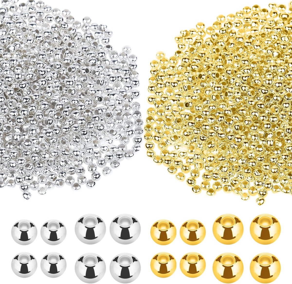 2200 stuks goud-zilveren afstandhouders, premium metalen ronde kralen voor doe-het-zelf armbanden, halskettingen maken, sieraden, knutselbenodigdheden, aanslagbestendige ijzeren kralen in tweekleurig