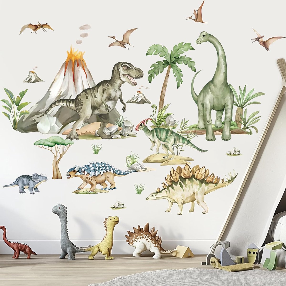 Muurstickers Tropische Dieren Dino Vulkaan Planten Muurkunst Decals voor Jongens Kamer Baby Kinderkamer