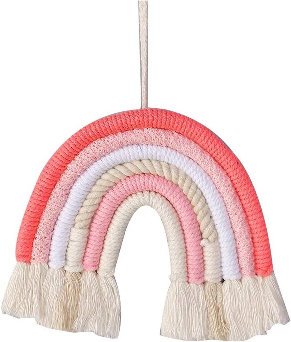 Macramé, geweven regenboog muurhanger, Boheemse thuiskunstdecor, handgemaakt kleurrijk tapijt voor cadeau verjaardag feest, speelruimte regenboog kunstdecoratie (Roze)