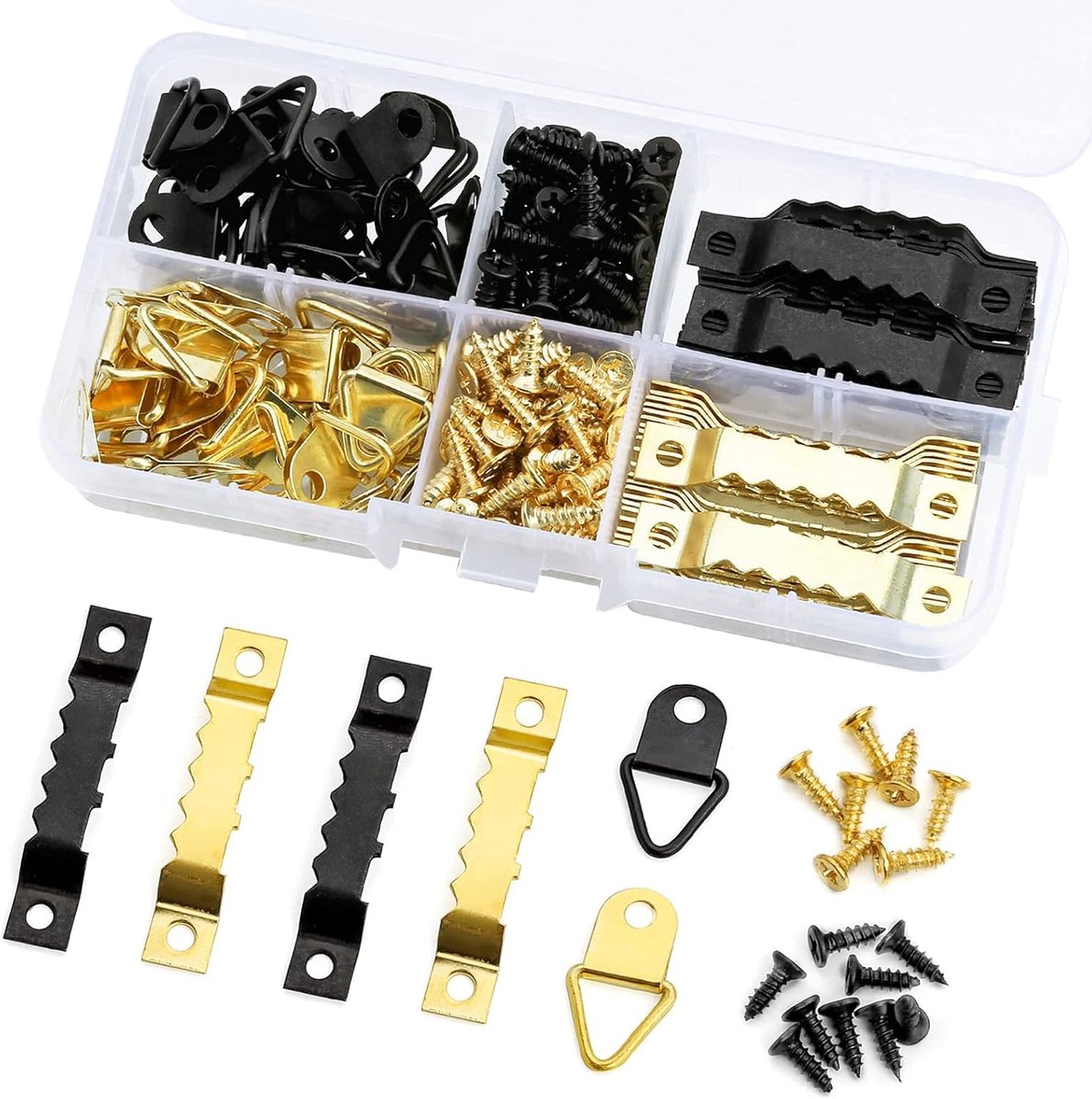 90 stuks fotohaken set hangers voor foto's, fotohangers met schroeven, zaagtanden, ophanghaakjes, dubbel gat voor thuis, kantoor, foto, schilderij, ophangen, goud
