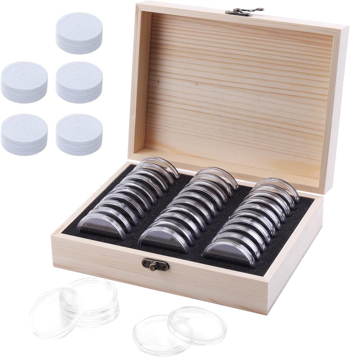 30-delige munthouder koffer houten muntbox met ronde plastic muntcapsules, muntorganisator beschermingsbox voor muntverzamelaars Geschikt voor muntmaten 17-45mm