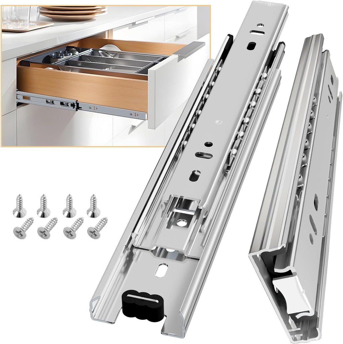 Ladegeleiders Ladegeleiders 200 mm 45 kg draagvermogen Heavy Duty trekschuifregelaars volledige verlenging kogellager keukenkast trekkenlopers vervangende rails zijmontage, zilver 1 paar
