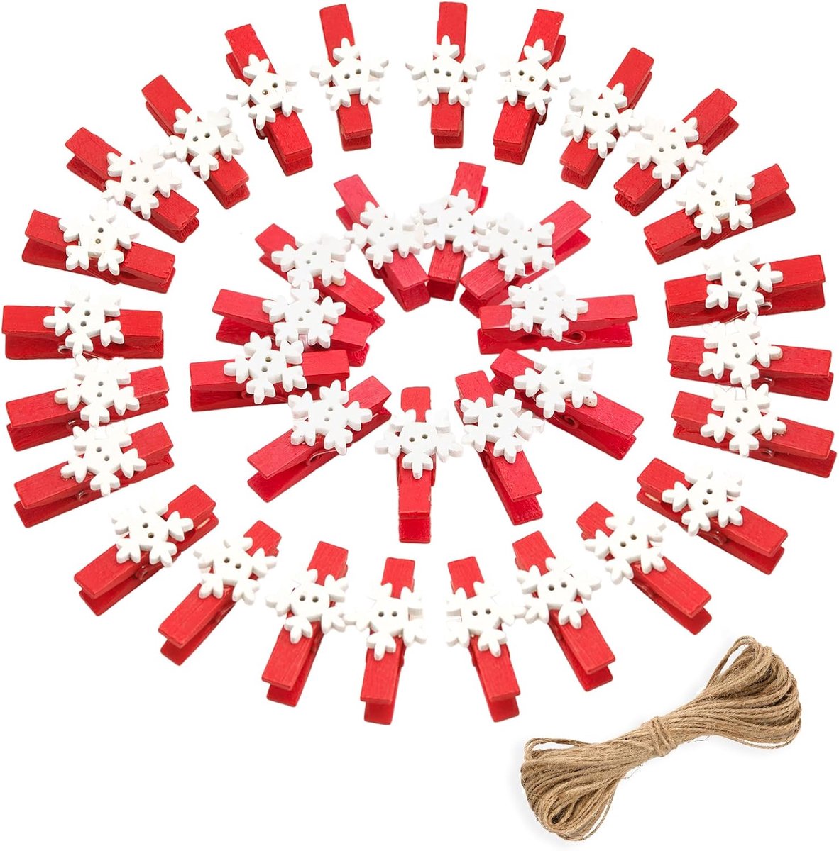jijAcraft Rode kleine houten knijpers met sneeuwvlokken: 3,5 cm houten wasknijpers Kerstmis met jute koord, 50 stuks mini-fotoklemmen voor adventskalender, kerstdecoratie, doe-het-zelf knutselen