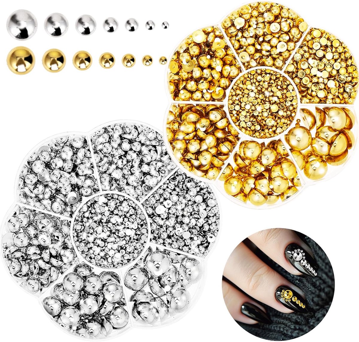 Kralen, halfronde kralen in gemengde maten, strass-steentjes voor manicure, gezichtskunst, knutselen, sieraden (zilvergoud)