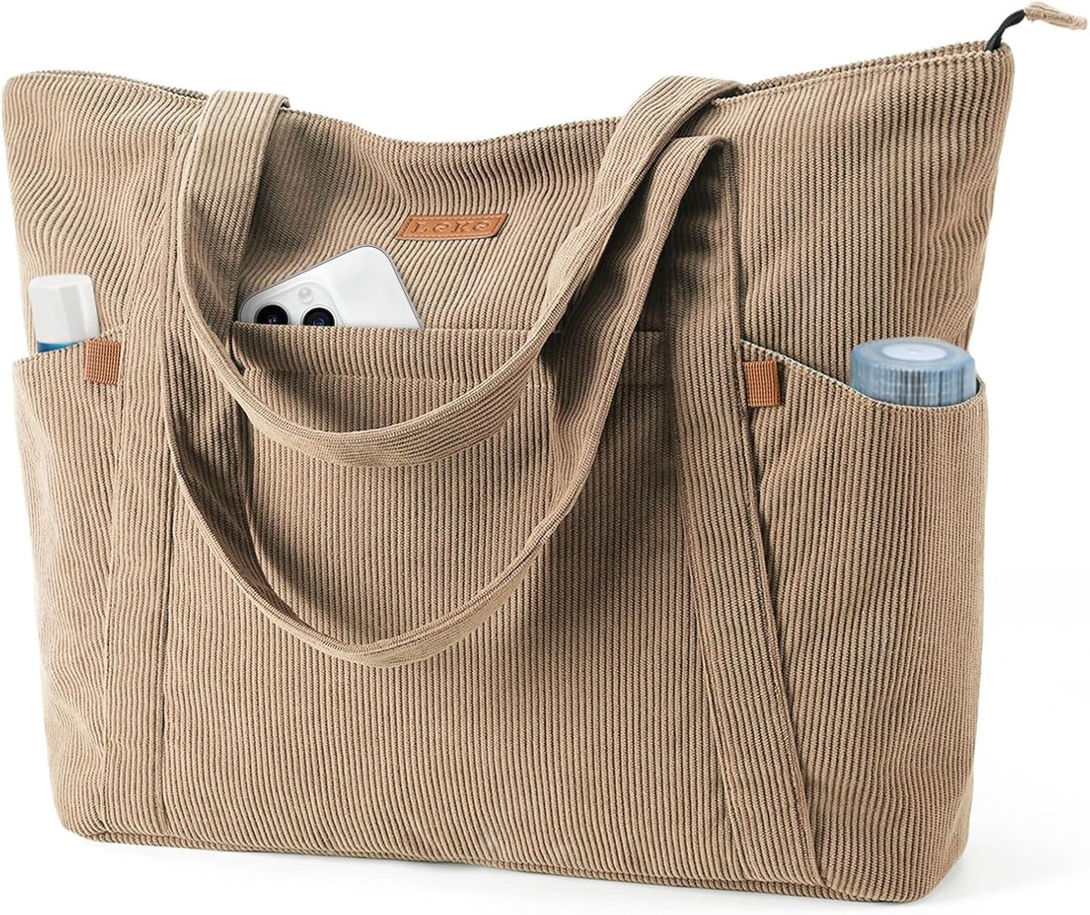 SnelShoppen - Grote tote bag strandtas dames, elegante schoudertas met 17 inch laptopvak, veelzijdige shoppertas voor werk, school, kaki, S, klassiek