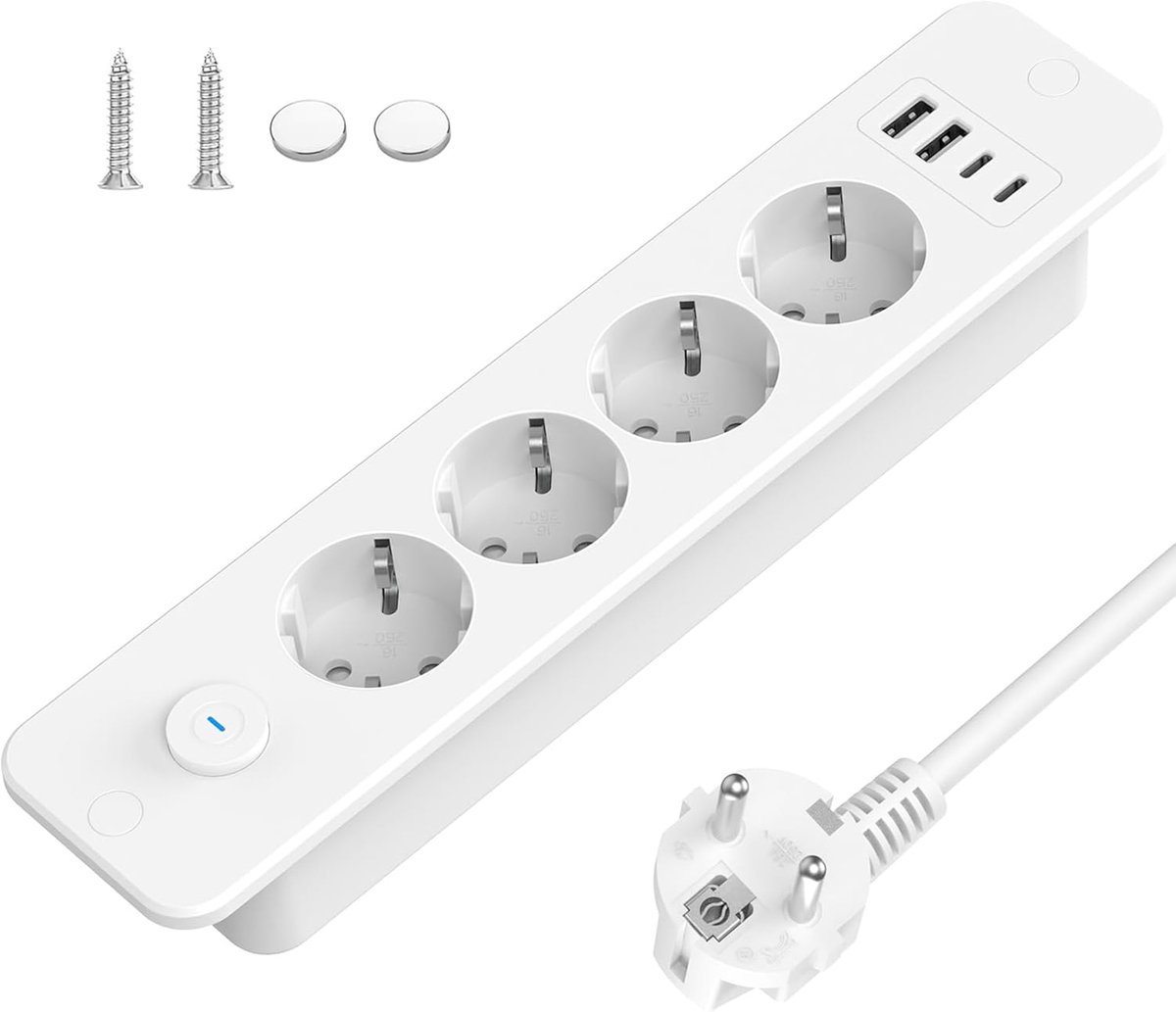 stopcontactstrip met 4 stopcontacten, inbouw stekkerdoos met 4 USB-poorten, stekkerdoos met 2 USB C-poorten (5 V, 3,4 A), tafelblad, inbouw stopcontact, kabel 2 m, kleur