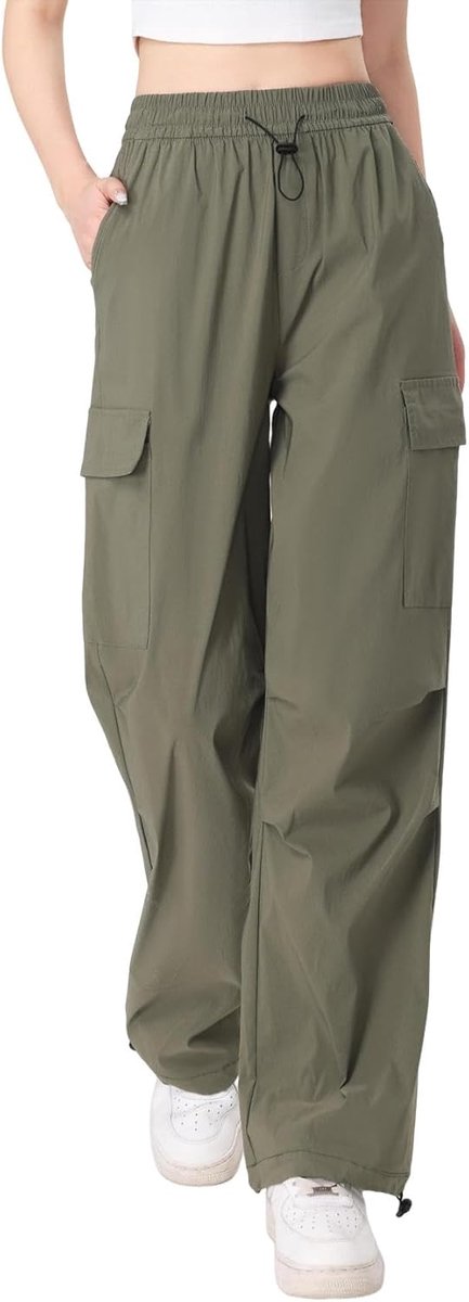 Cargobroek voor dames, brede pijpen, wandelbroek, sneldrogend, werkbroek met meerdere zakken, trekkoord, vrijetijdsbroek