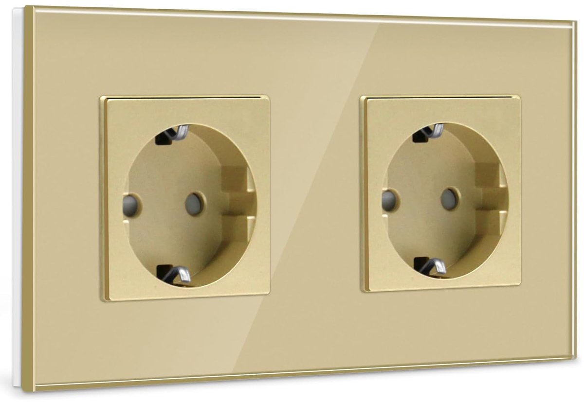 Schuko Stopcontact 2 Voudig Stopcontact Glas Inbouw Stopcontact, Stopcontacten met Kristal Glas Plaat Dubbel Wandstopcontacten 16Amp EU Standaard Verlengsnoeren Goud - 157mm