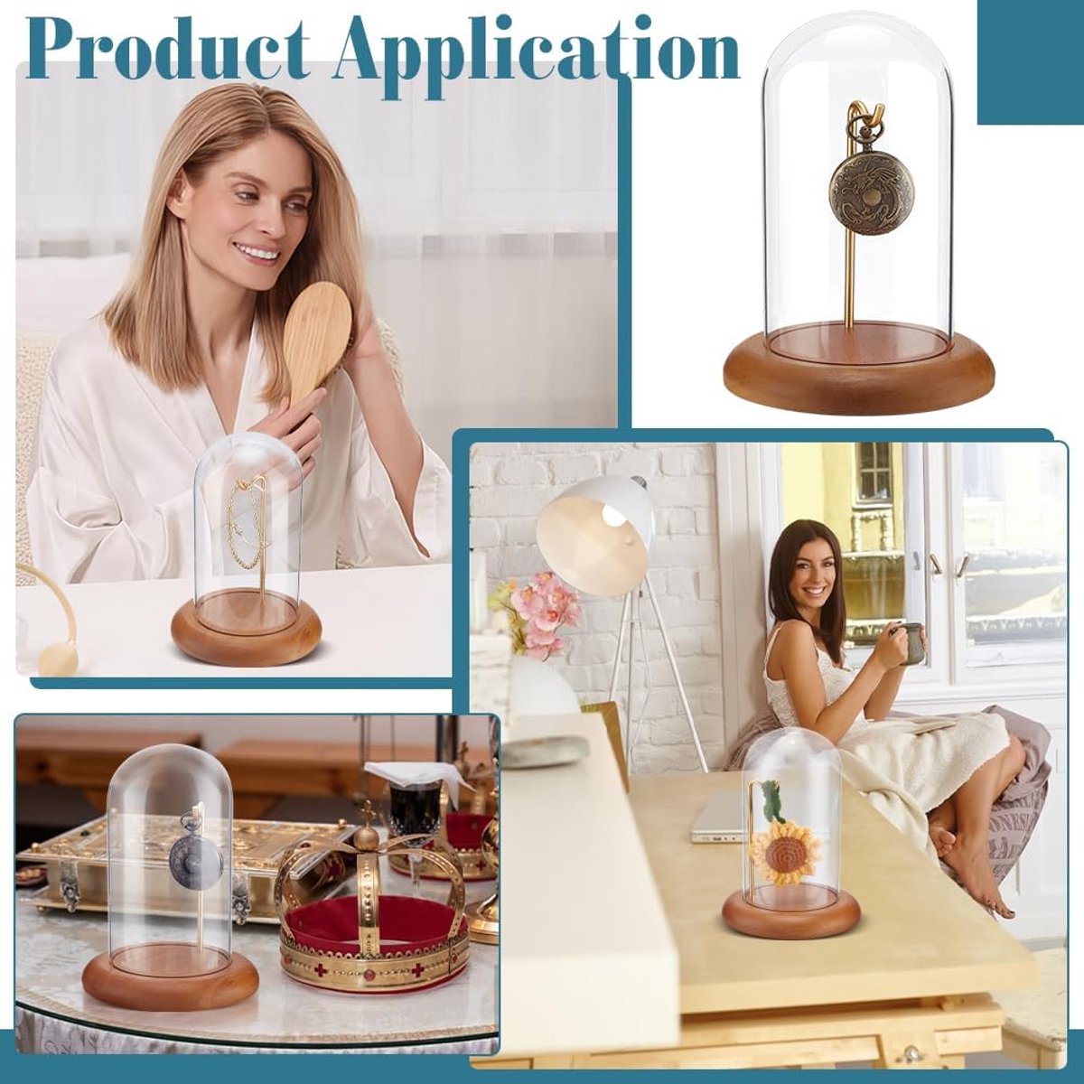 PandaHall Horloge Dome Cloche Zakhorloge Display Helder Glas met Houten Base Voor Vaderdag Gift Collectibles 14.5x19.5cm