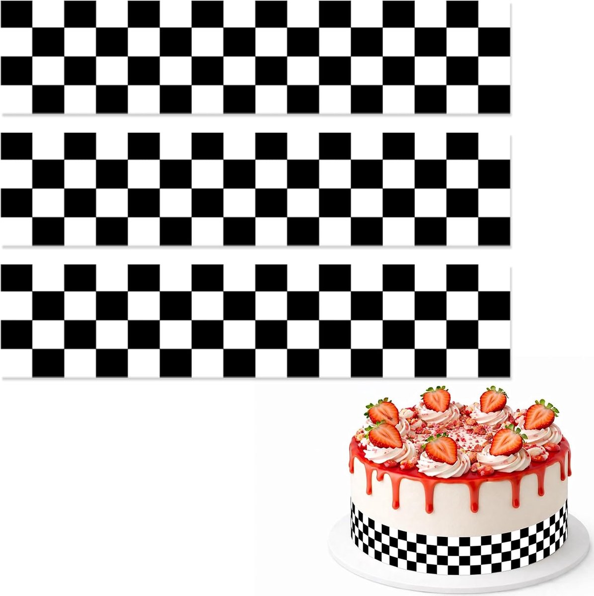 Eetbare Geruite Taartrand, 28x6,2cm Zwart-Wit Geruit Racethema Voorgesneden Eetbare Taartrand voor Verjaardag Racethemafeest