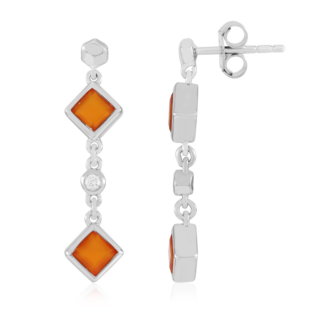 Cavill - Zilveren Oorbellen - 925 Sterling Zilver Verzilverd - Oranje Trapgeslepen Onyx 1.33 Ct & Cambodjaanse Zirkonia - Elegant Geometrisch
