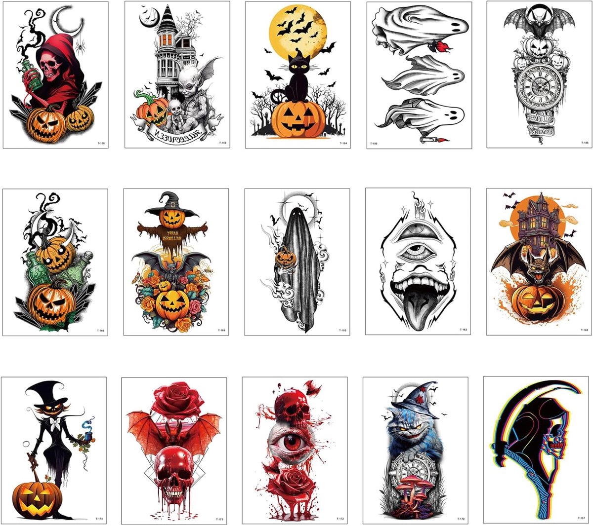 Tijdelijke tatoeages, Tijdelijke Tattoo voor Kinderen, Halloween-tattoostickers, Gemengde Stijl Tatoeages voor gemaskerde feesten, make-up, griezelfeest