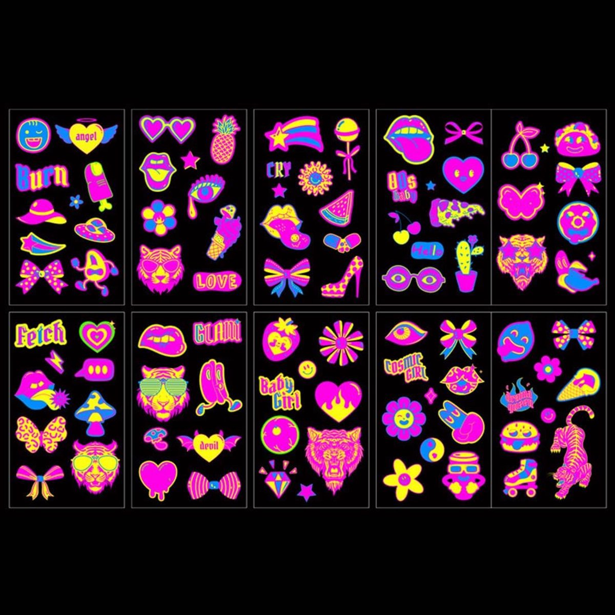 10 vellen neon-tatoeages, reactie op zwart licht, uv-neon, tatoeages voor dames, heren, meisjes, jongeren, kinderen, tijdelijke tatoeages, waterdicht, accessoires voor feestjes