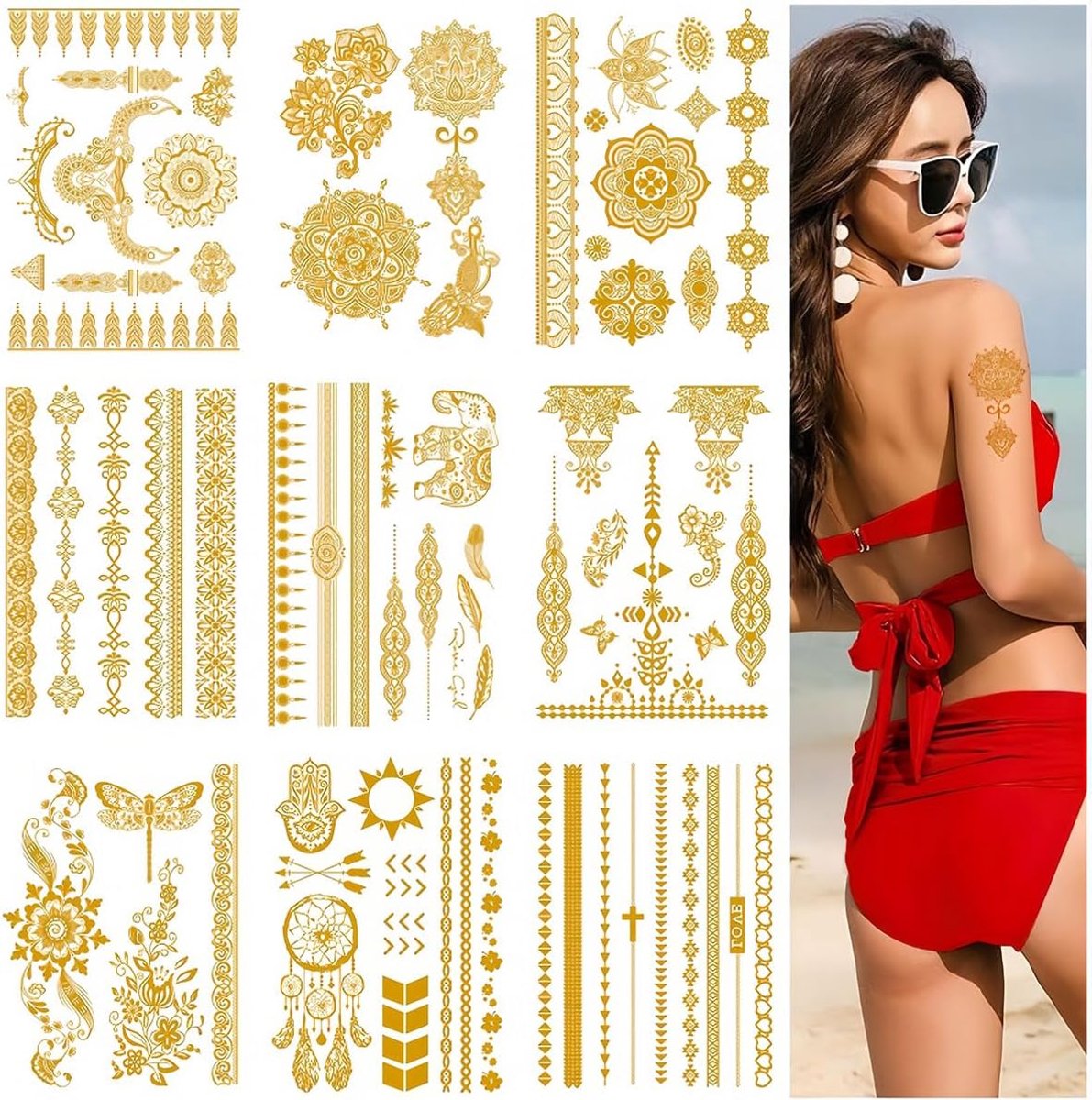 9 vellen 125+ gouden flash tatoeages voor volwassenen, festivaltatoeages om op te plakken, zelfklevende tatoeages, festivalaccessoires, tijdelijke tatoeages, carnaval, glitteraccessoires voor