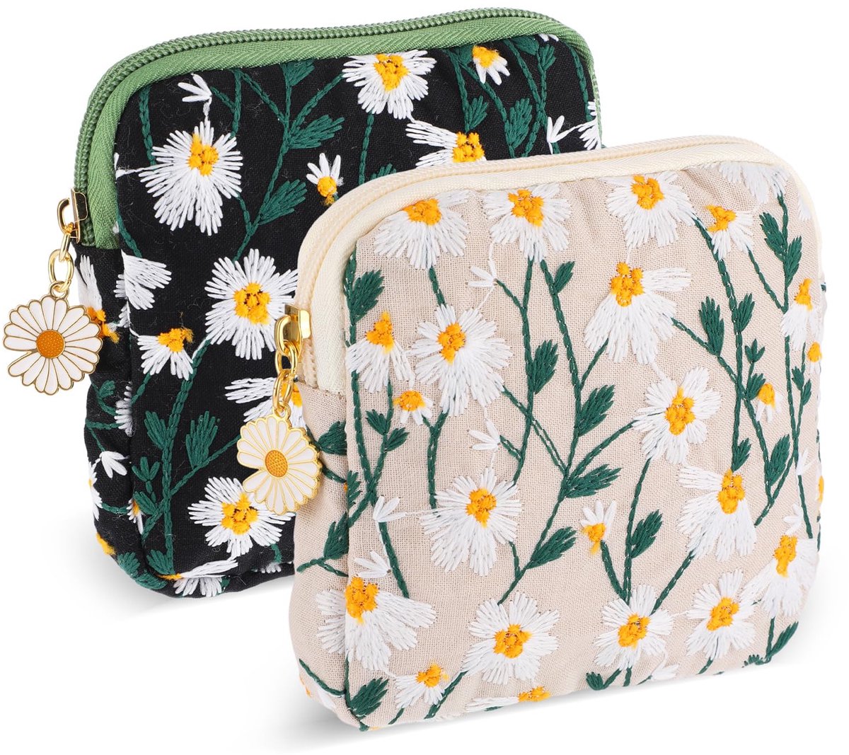 2 stuks madeliefjes maandverband opbergtas, borduurwerk periode pad zakje, zachte katoenen menstruatie houder tas menstruatie cup zakjes verpleegpad houder tampon zakken met rits voor vrouwen