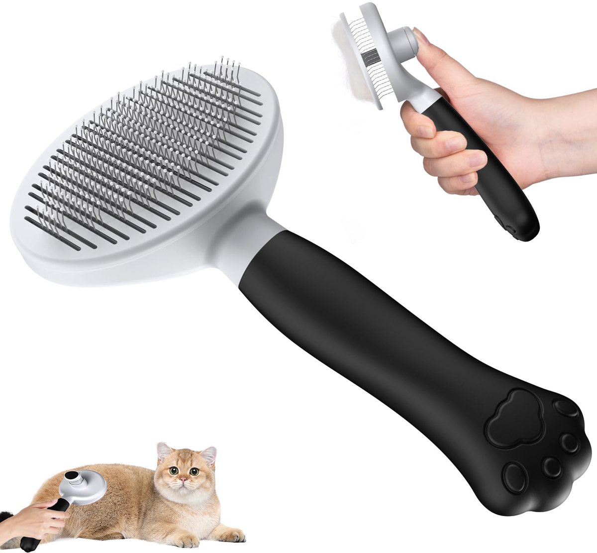 Kattenborstel Hondenborstel [Ergonomisch Handvat & One-Click Reiniging & Gepatenteerd Ontwerp] – Voor Kortharige en Langharige Honden/Katten/Konijnen (Zwart)