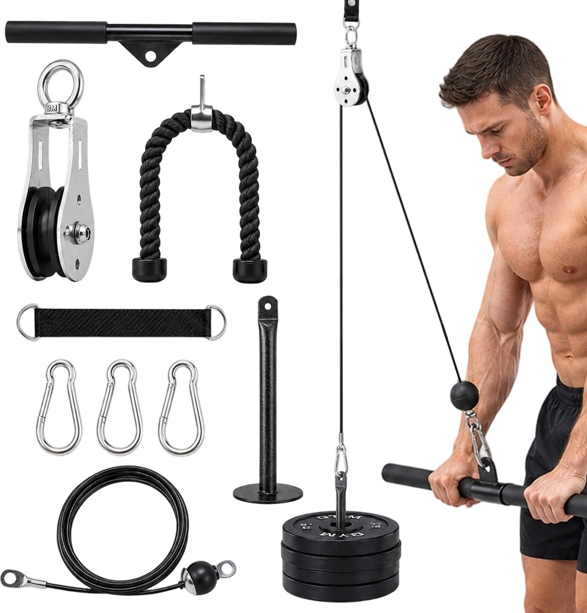 Trekkoord fitness, kabelkabel met tricepstouw en rechte stang, kabelzug fitness voor lattrekken, biceps, triceps, trainingsapparaat