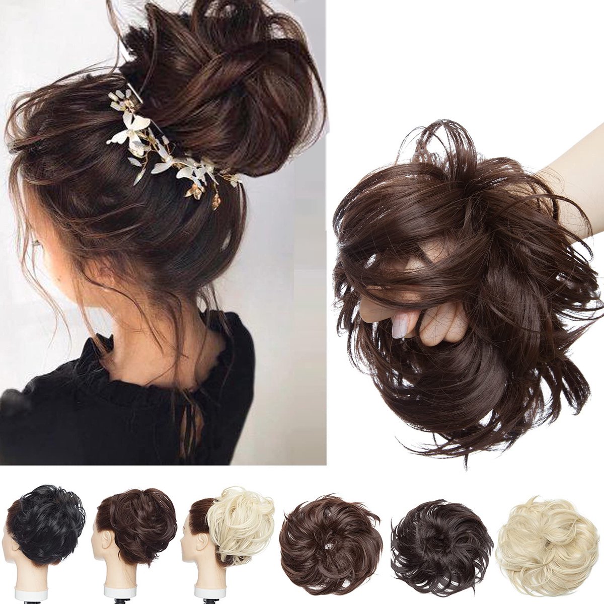 grote knot haar elastiek - paardenstaart haarstuk dik - haarverlenging voor knot, golvend, elastisch, 80 g, synthetisch, medium bruin