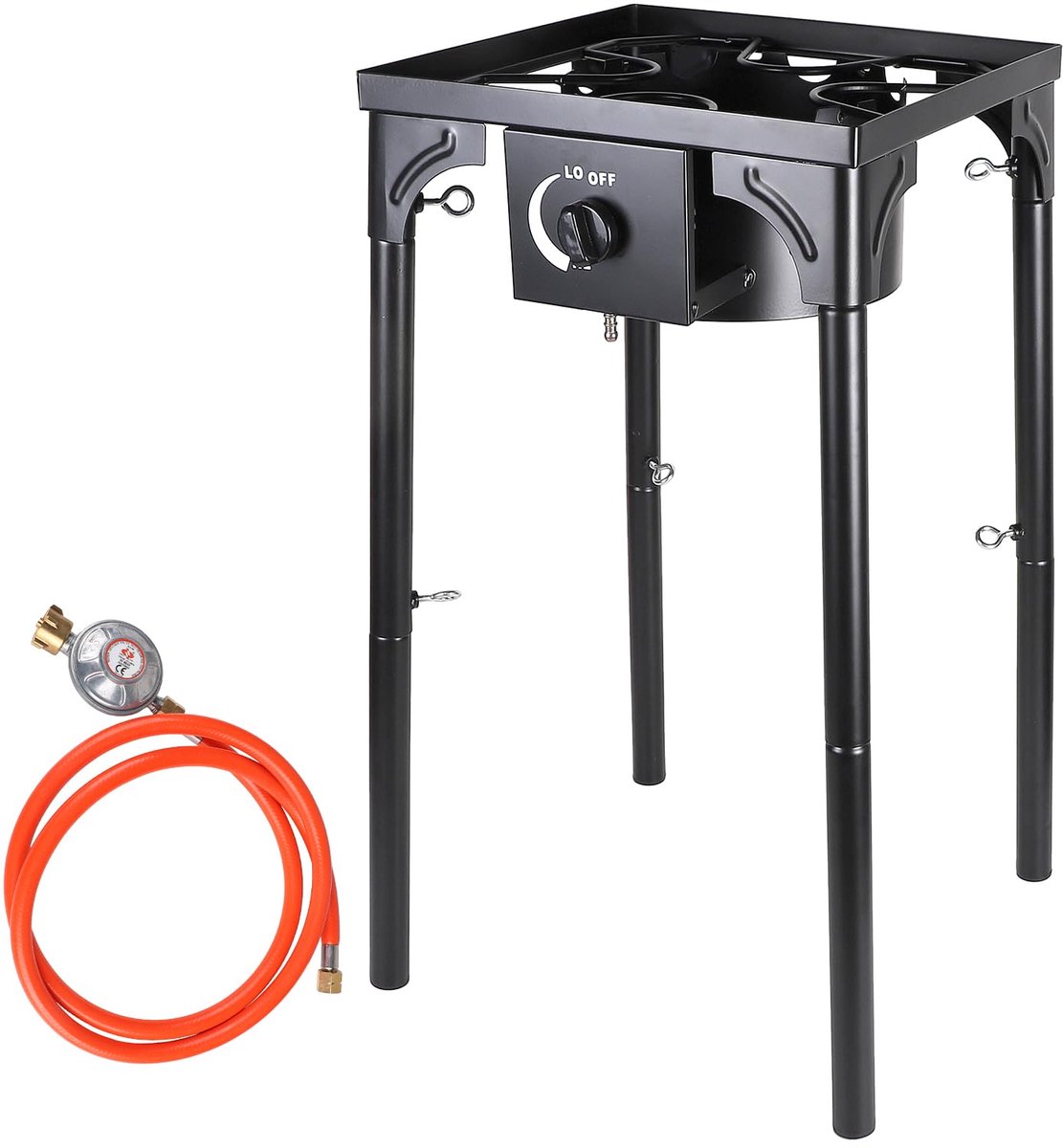 Krukfornuis gas gietijzer 10 kW, campingfornuis 40 × 40 × 76 cm, 4 voet gasfornuis voor gasfles, gasfornuis 1 vlam met 1,5 m propaangasslang en 50 mbar drukregelaar