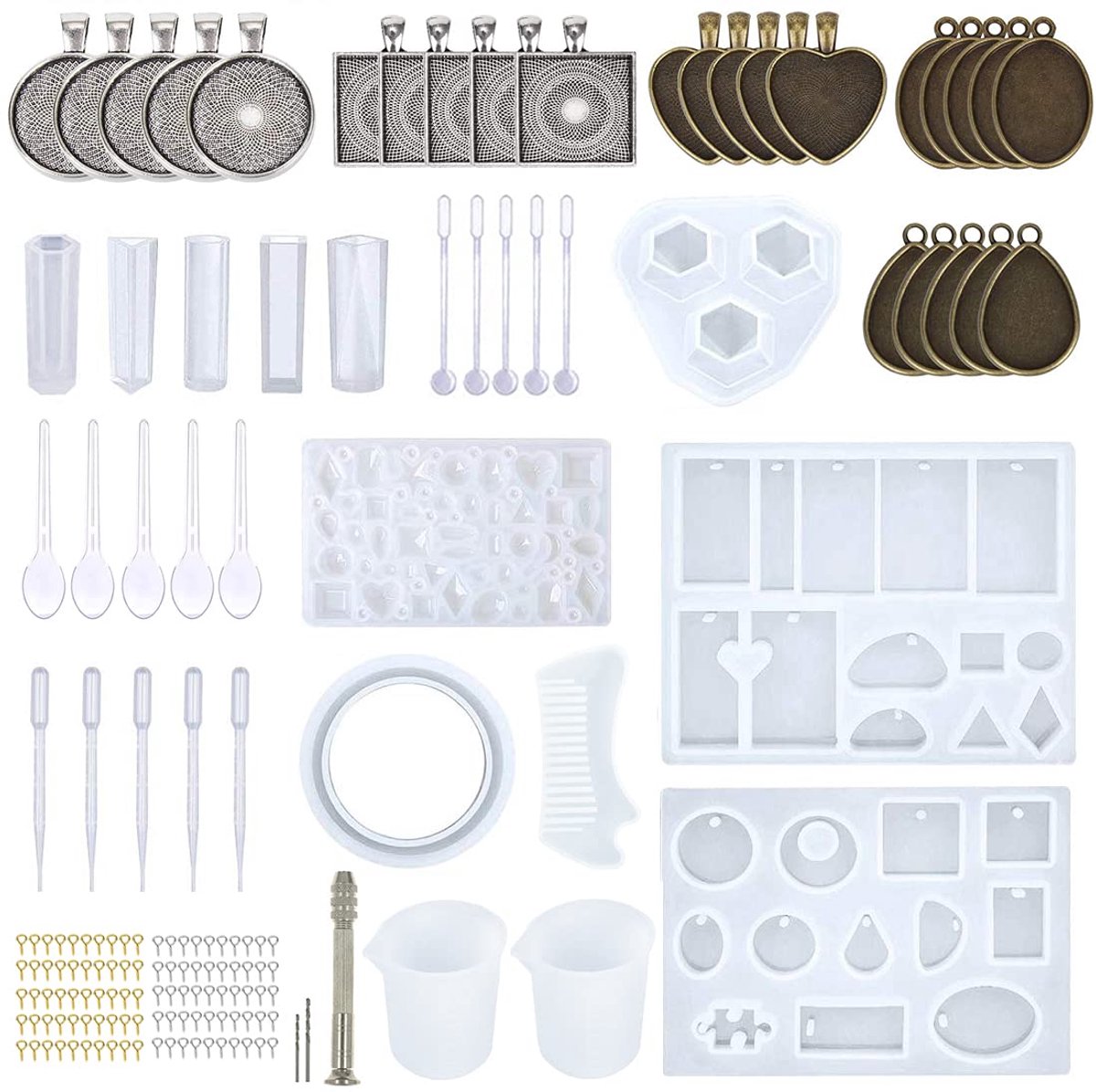 sieraden gietvormen voor hars, set van 129 stuks sieraden siliconenvormen, DIY harsgietvormen en gereedschappen, voor het maken van sieraden, hangers, kettingen, oorbellen