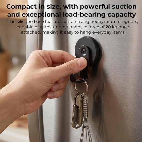 Haken, extra sterk, zwart, magnetische haken met neodymium magneet en siliconen coating, 20 kg trekkracht, magneethaken zonder boren, voor koelkast, keuken, garage, werkplaats, metalen — afbeelding 3