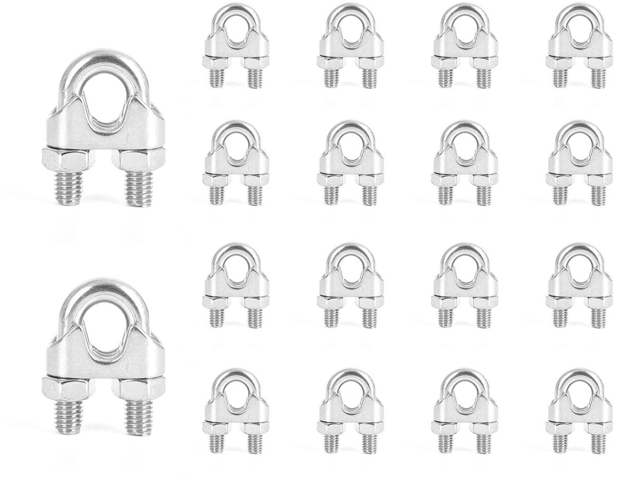 16 stuks draadkabelklemmen, 8 mm, roestvrij staal, M8, kabelklemmen, beugelkabelklemmen, staalkabel, kabelverbinding voor draadkabel, kabelklem, waslijn, luifel