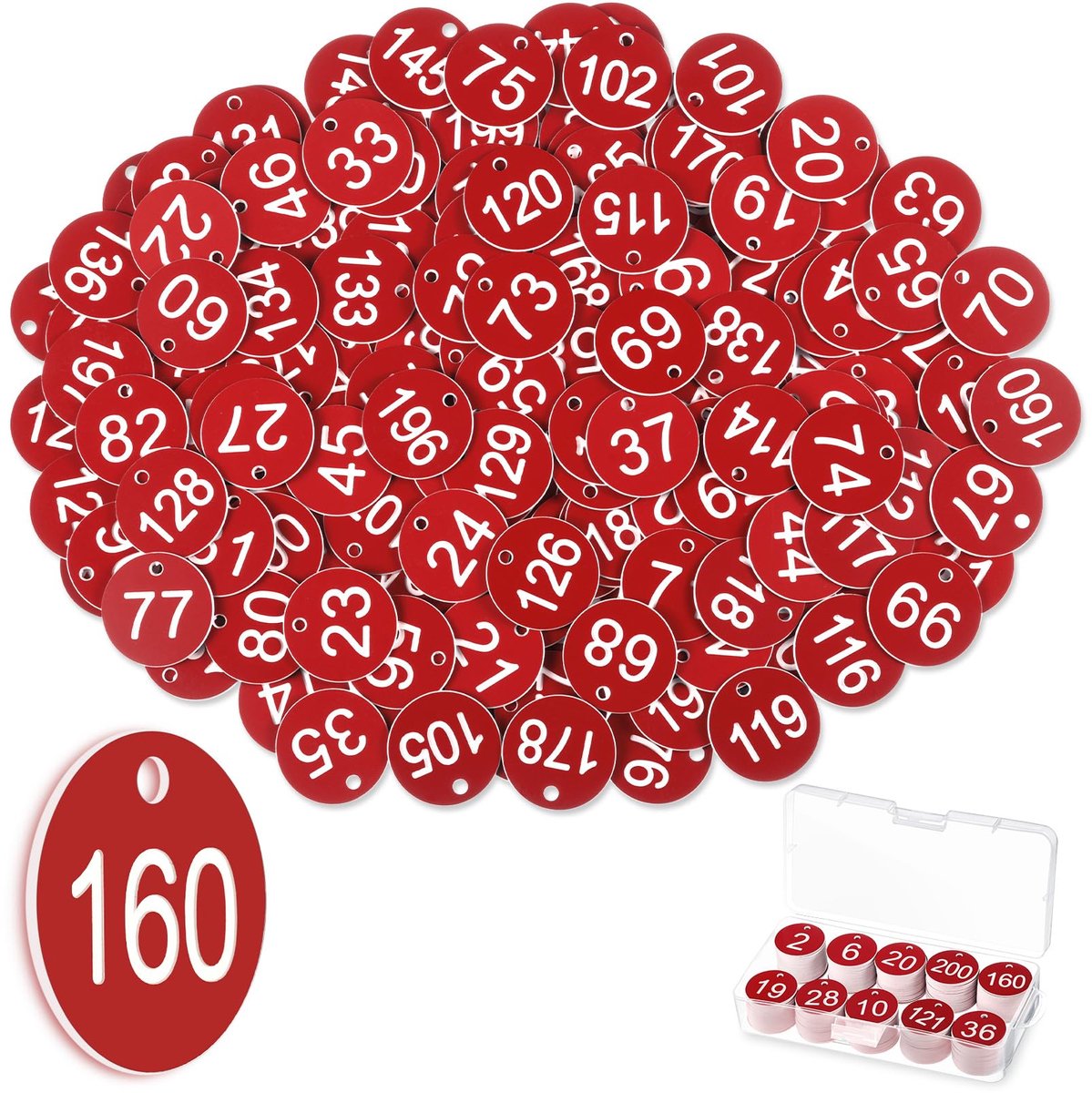Tafelnummers nummerlabels, klein, waterdicht, met gat voor kleedkamers, hotels, scholen, restaurants, zonder sleutelhanger, rood, 200 stuks