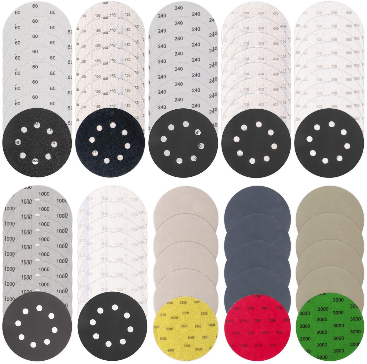 Schuurpapier, 71 stuks, 125 mm, klittenbandset, korrel 60/150/240/400/800/1000/1500/2000/3000/5000, nat en droog, 8 gaten, ronde excentrische schuurschijven en zonder gaten, schuurpads voor hout