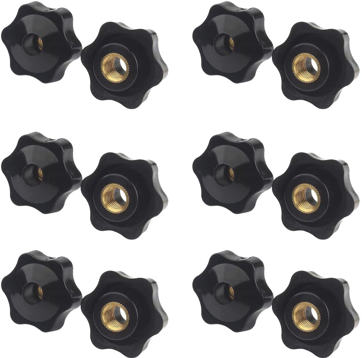 stermoeren, 12 stuks, M10 × 38 mm binnendraad, klemknop, greepmoeren, kartelmoer, klemmoer door gat, sterkop, voor machines, industriële elektronische apparaten (M10)