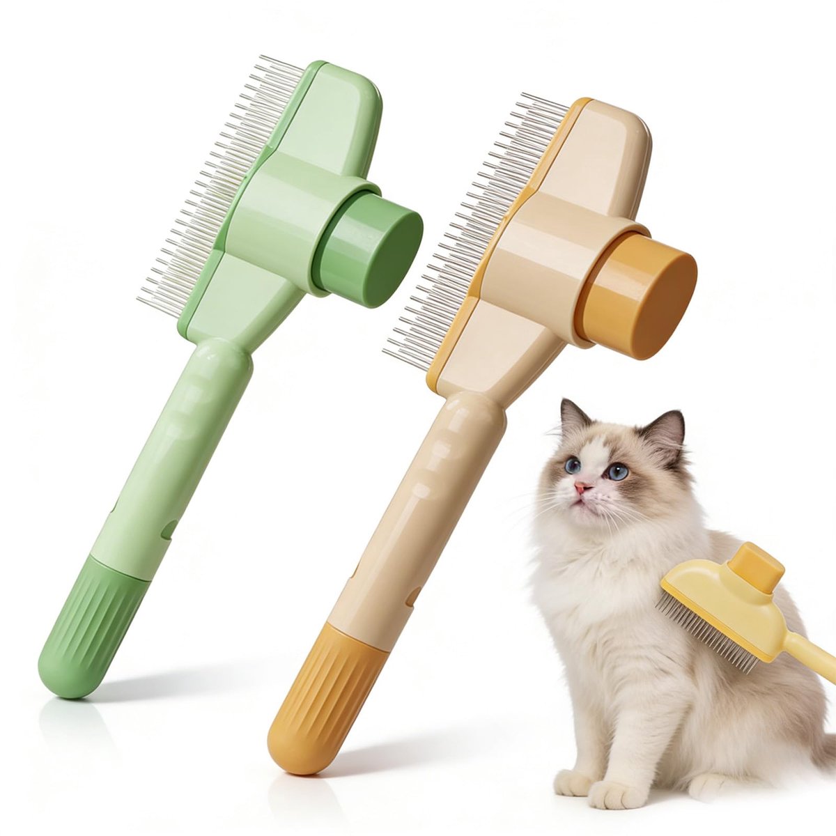 2 stuks zelfreinigende borstel en kam voor katten en honden, tegen dode haren met snelreinigingsknop