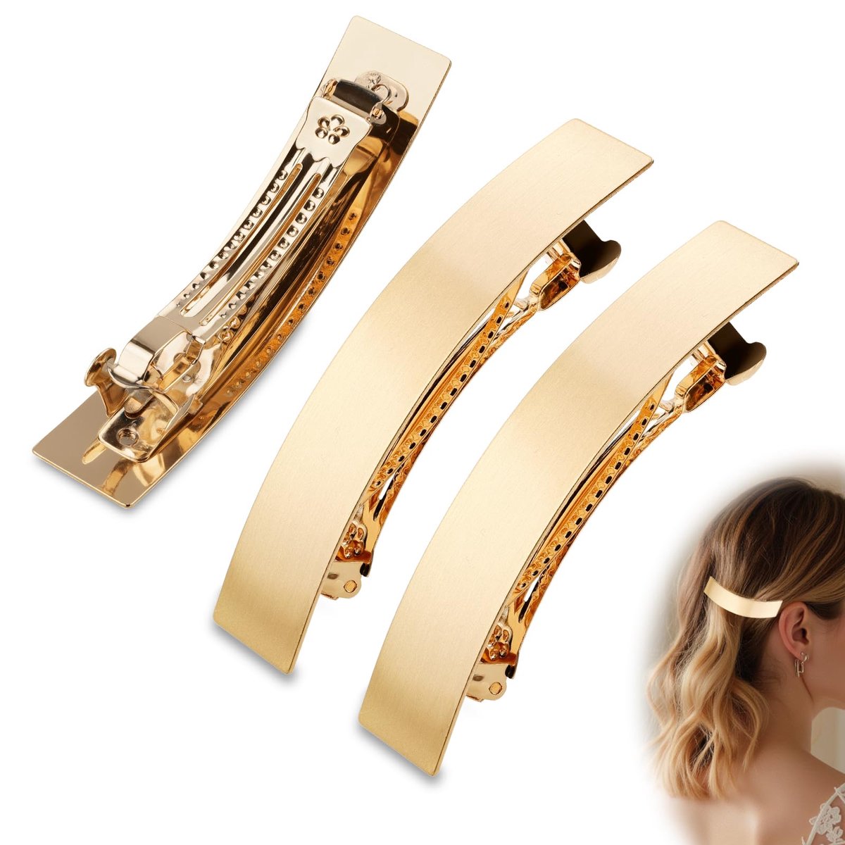 3 stuks Franse haarspeld, 9 cm, Franse haarclip, metaal, haarspelden voor dames, platte clips, barrette, haarspeld, gouden haarclip, knot, automatische haaraccessoires voor vrouwen en meisjes