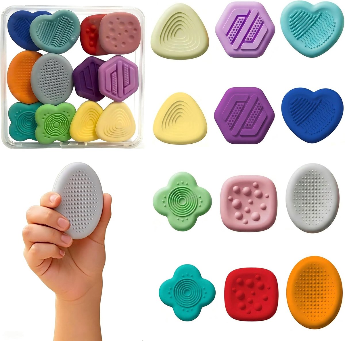 Fidget Toys Sensory Stone Fidget Toys Sensory Stone van siliconen, rustgevend speelgoed voor kinderen, kleurrijke en gestructureerde stenen voor kinderen en volwassenen, anti-stress speelgoed (E)