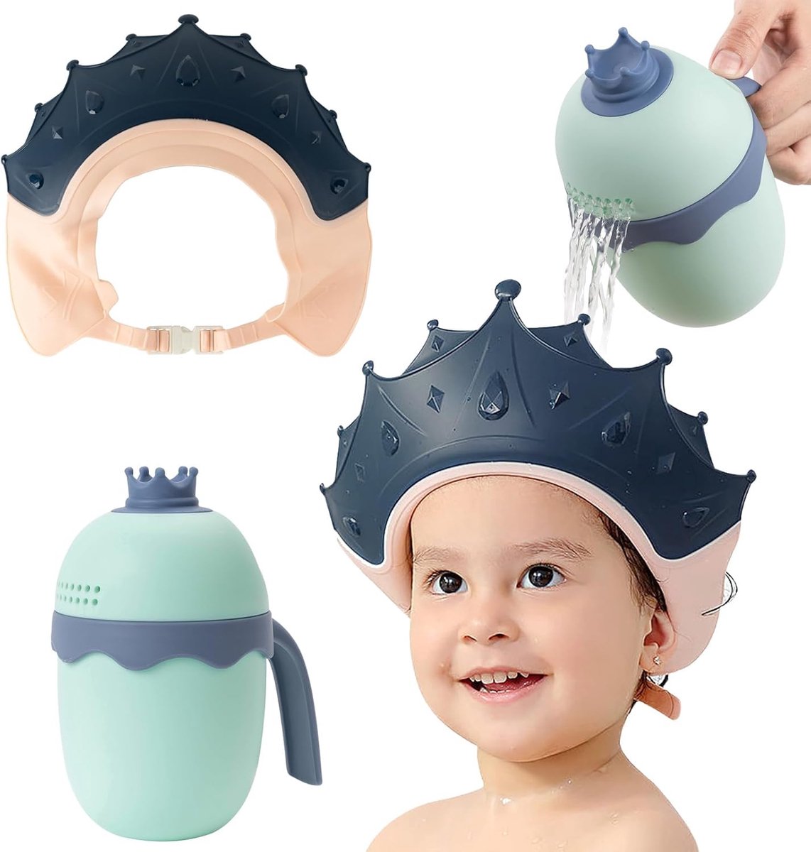 Douchemuts voor kinderen, verstelbare kroonvorm, voor het wassen, kinderbescherming, schild voor ogen en oren (haarwasbeker, blauw)
